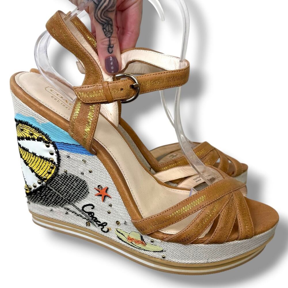 COACH Caroline Tan Leather Beach Embroidered Motifs Wedge Platform Sandals - Picture 3 of 16